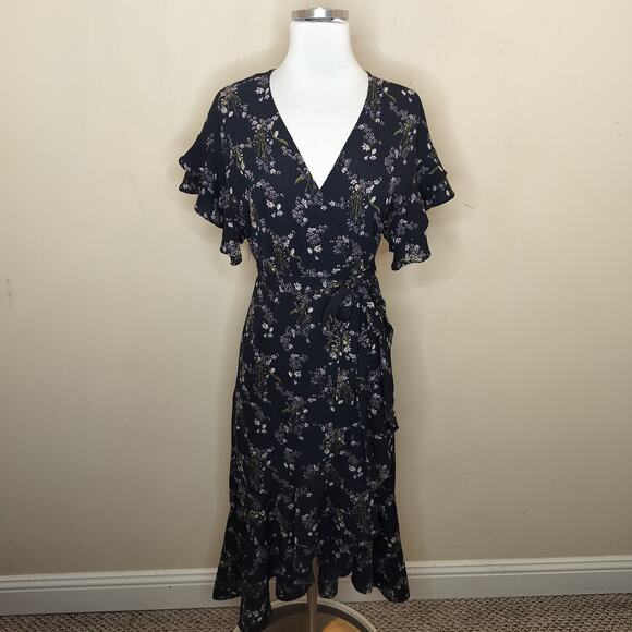 Max Studio Floral Wrap Midi Dress Ruffled Short Sleeve - Picture 1 of 7